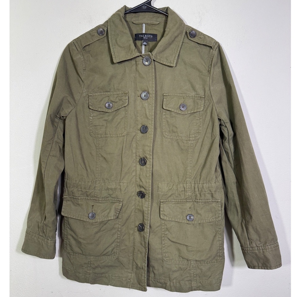 Talbots Twill Field Jacket Olive Green Cotton Utility Sz MP Safari Military Fall - Picture 1 of 16